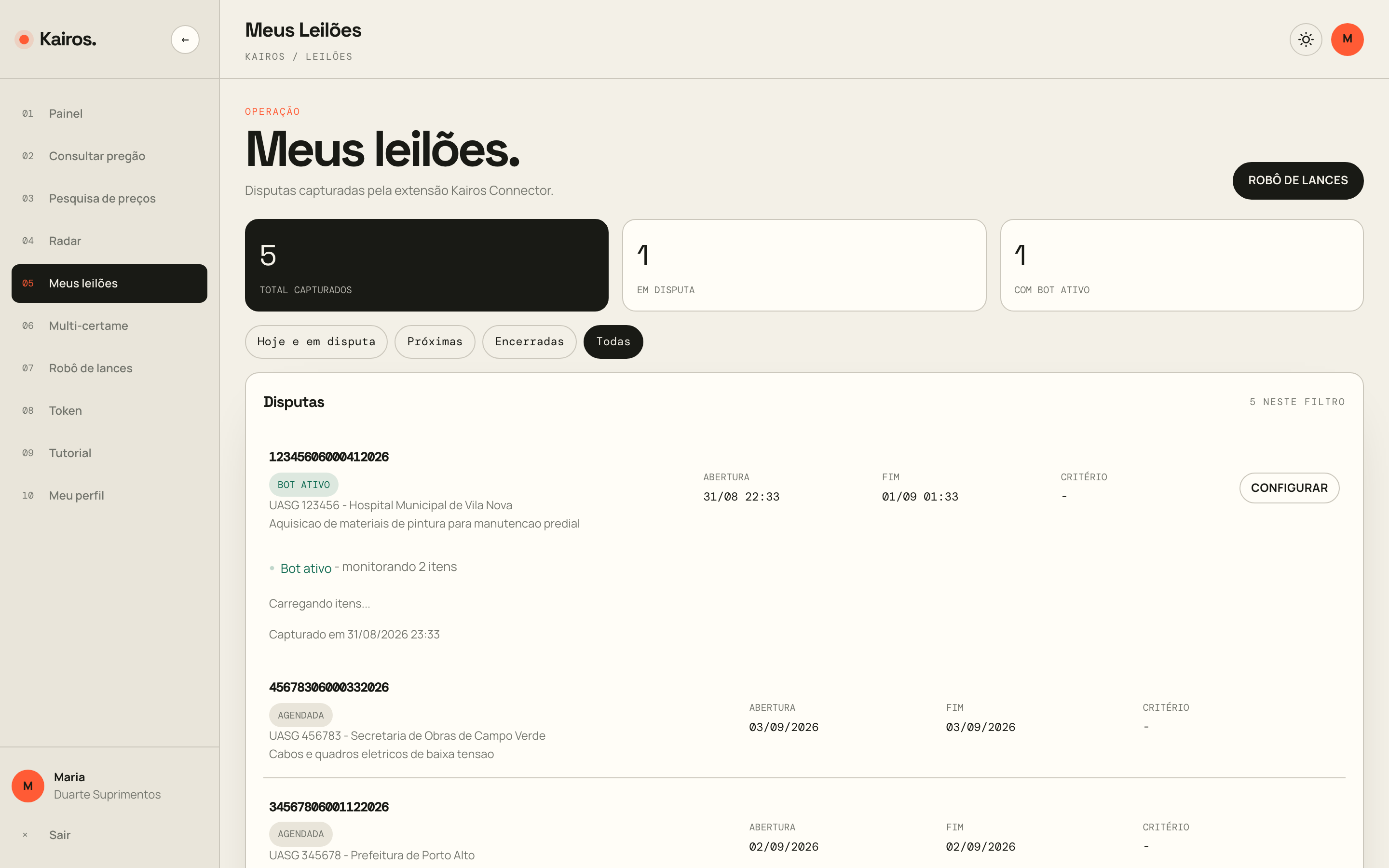 Meus leilões: disputas ativas, próximas e encerradas com filtros